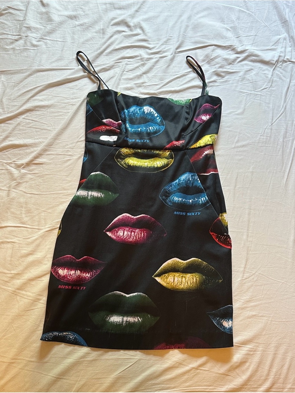 Miss Sixty Black Mini Dress with Multicolor Lip Print